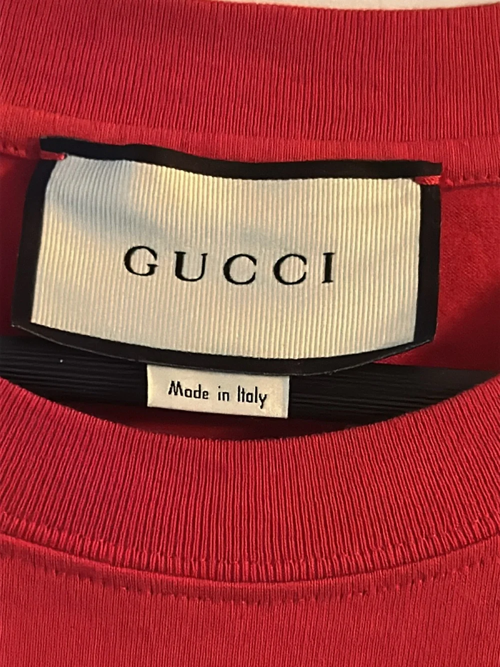 Gucci Red Short Sleeve Tee with Vertical White Logo